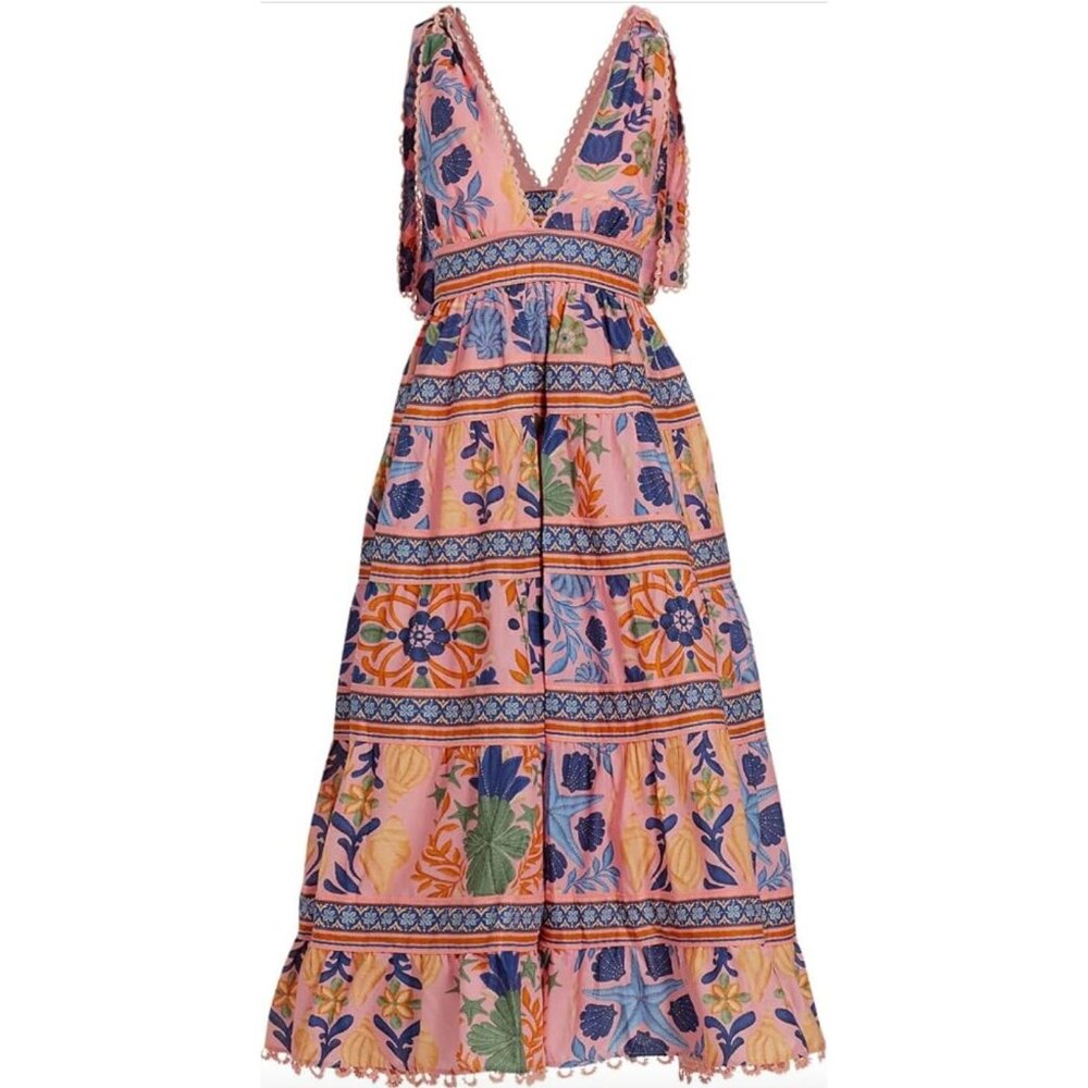 Farm Rio Pink Seashell Tapestry Tropical Tiered Lace Midi Dress Size Small - Picture 3 of 6